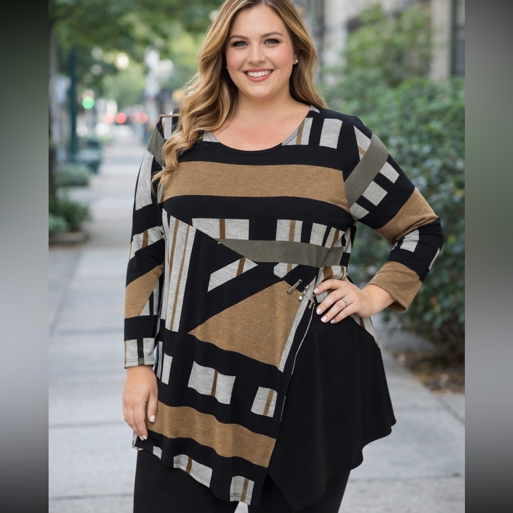 IC Connie K  Top Shirt Tunic M black, brown Artisan asymmetrical  Abstract top